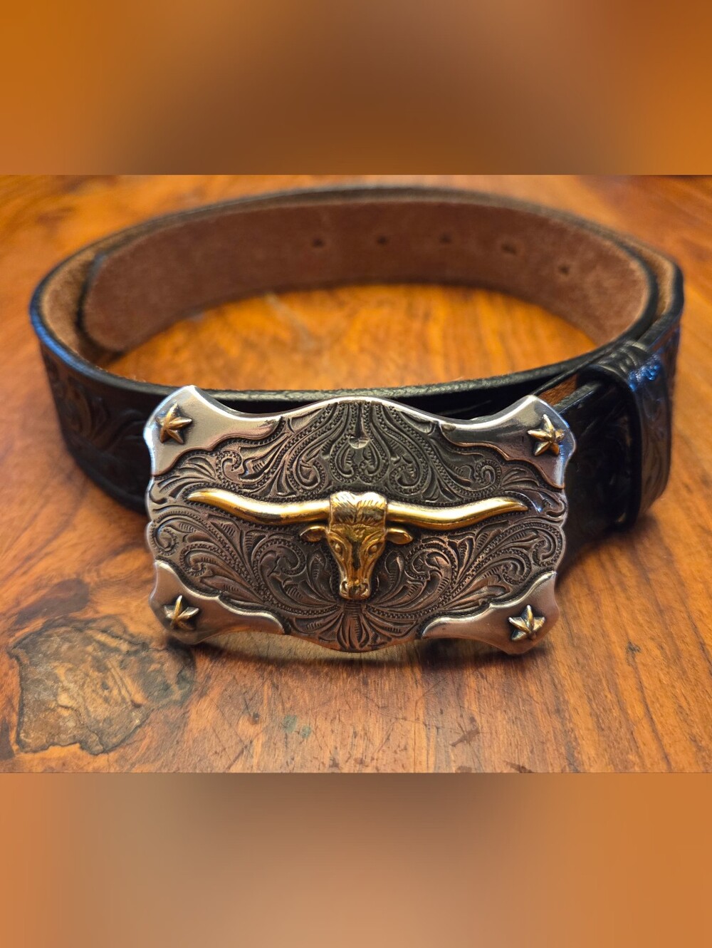 Tony Lama Kid's Leather Floral and Long Horn Belt Buckle